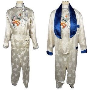VTG 40s/50s M Luxurious Embroid Asian Satin Robe, Pajama Set, Slippers+Satin Box